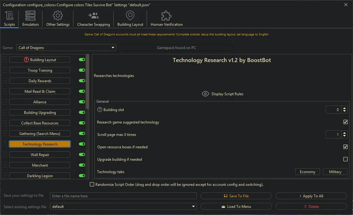 Call of Dragons Bot - Technology Research