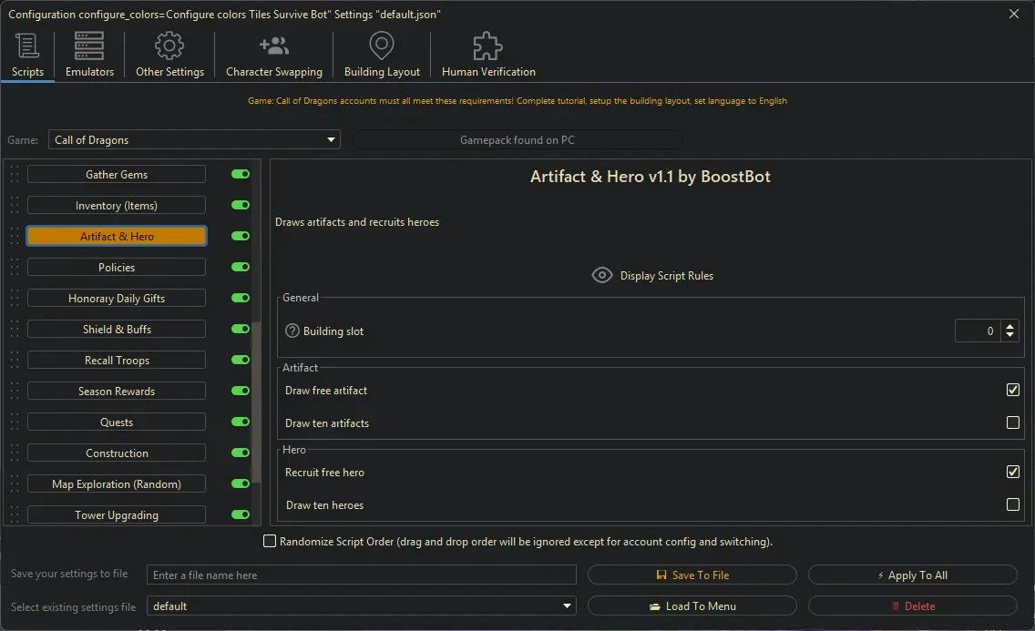 Call of Dragons Bot - Artifact & Hero