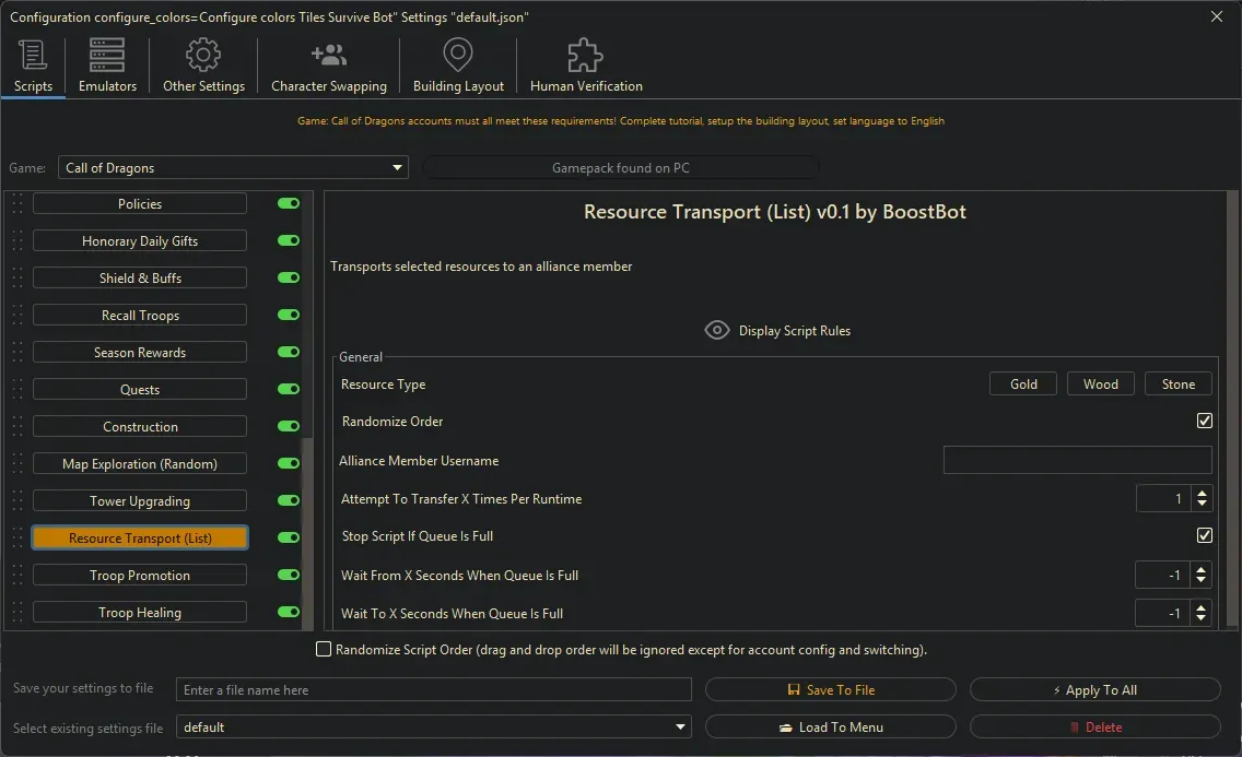 Call of Dragons Bot - Resource Transport (List)